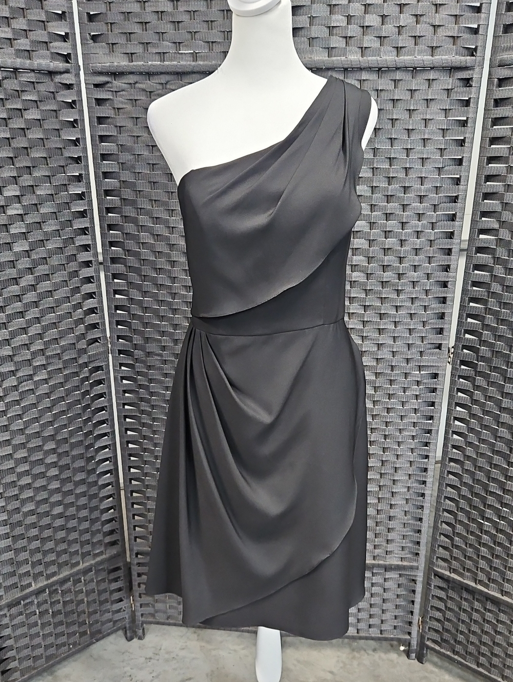 Size 10 Black One Shoulder Draped Bodice/Ruched Chiffon Cocktail Dress by Landa